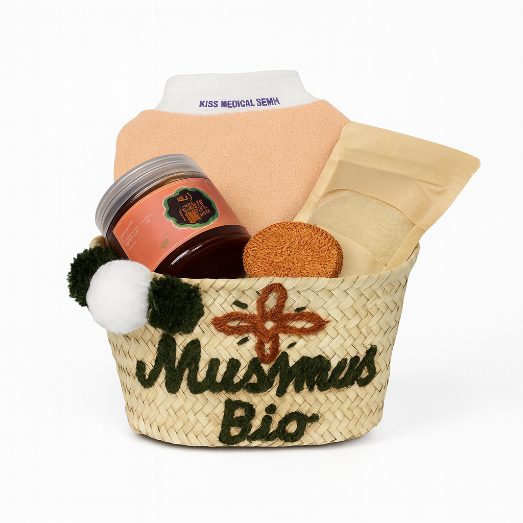 Moroccan Hair & Argan Hammam Set – Herbal Hair Care, Argan Black Soap, Kessa & Face Scrubber